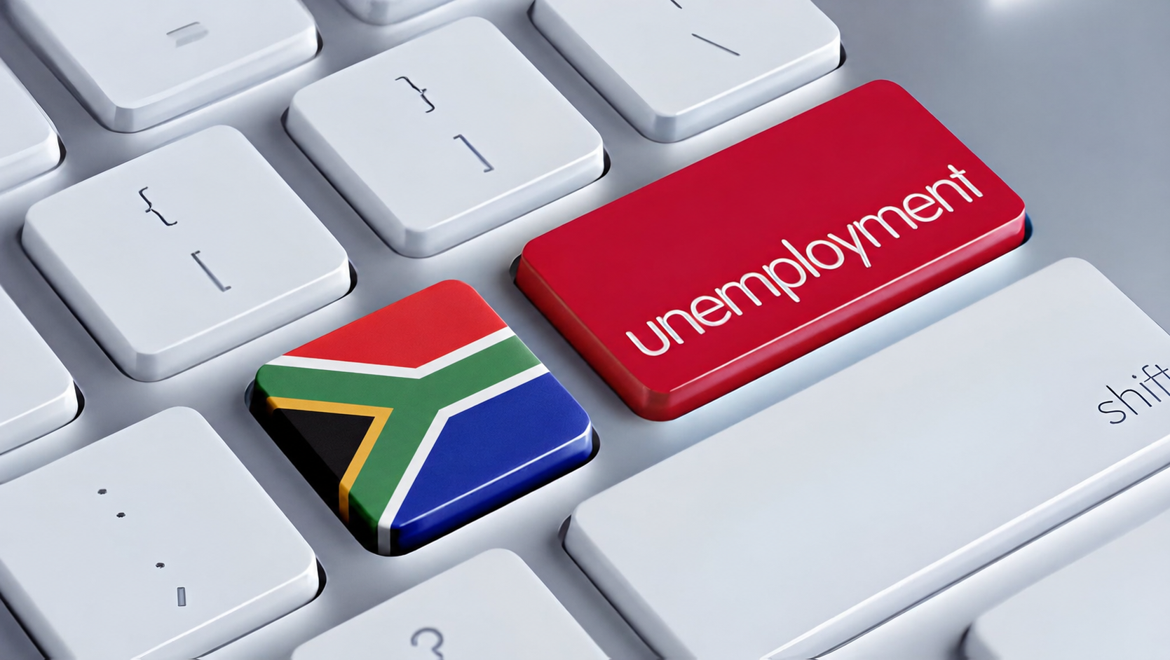flag South African flag key next to a red "unemployment" key on a computer keyboard, illustrating South Africa's QLFS Q1:2026 youth unemployment data.