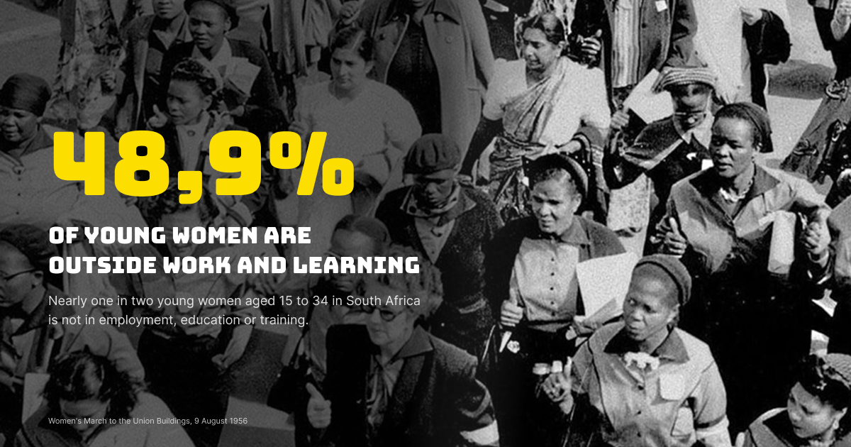 This Women’s Month, nearly half of young women are outside work and learning Youth Capital press statement graphic reading 48,9% of young women are outside work and learning, alongside a photograph of the 1956 Women's March to the Union Buildings.